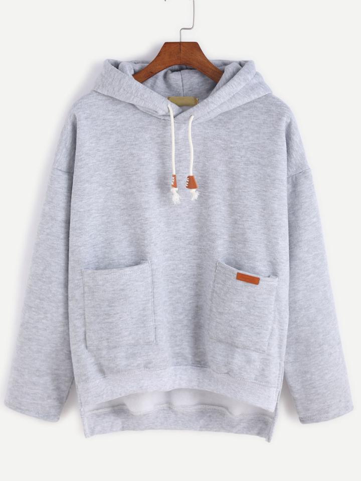 Romwe Grey Slit Side High Low Hooded Sweatshirt