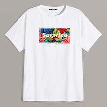 Romwe Guys Letter & Plant Print Tee