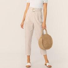 Romwe Paperbag Waist O-ring Belt Striped Pants