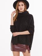Romwe Black Cable Knit Turtleneck High Low Sweater
