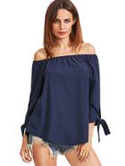 Romwe Navy Off The Shoulder Bow Tie Cuff Blouse
