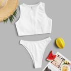 Romwe Ribbed Zipper-up Top With High Cut Two Piece Swim