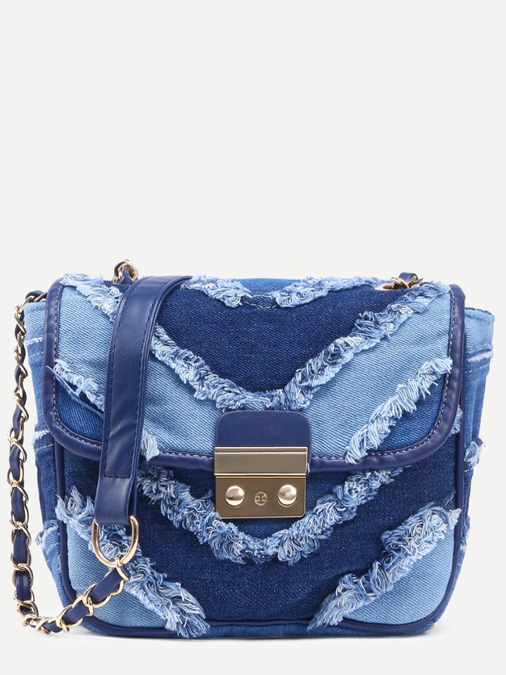 Romwe Blue Color Block Frayed Denim Flap Bag