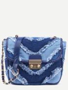 Romwe Blue Color Block Frayed Denim Flap Bag