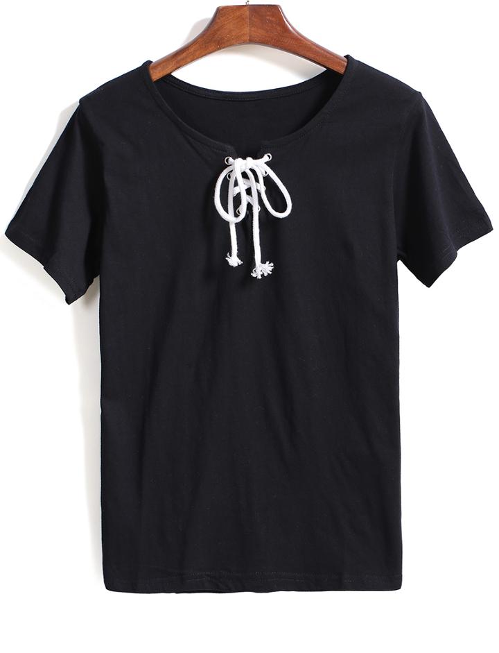 Romwe Round Neck Bandage Black T-shirt