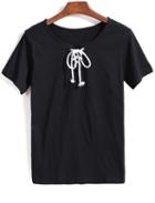 Romwe Round Neck Bandage Black T-shirt