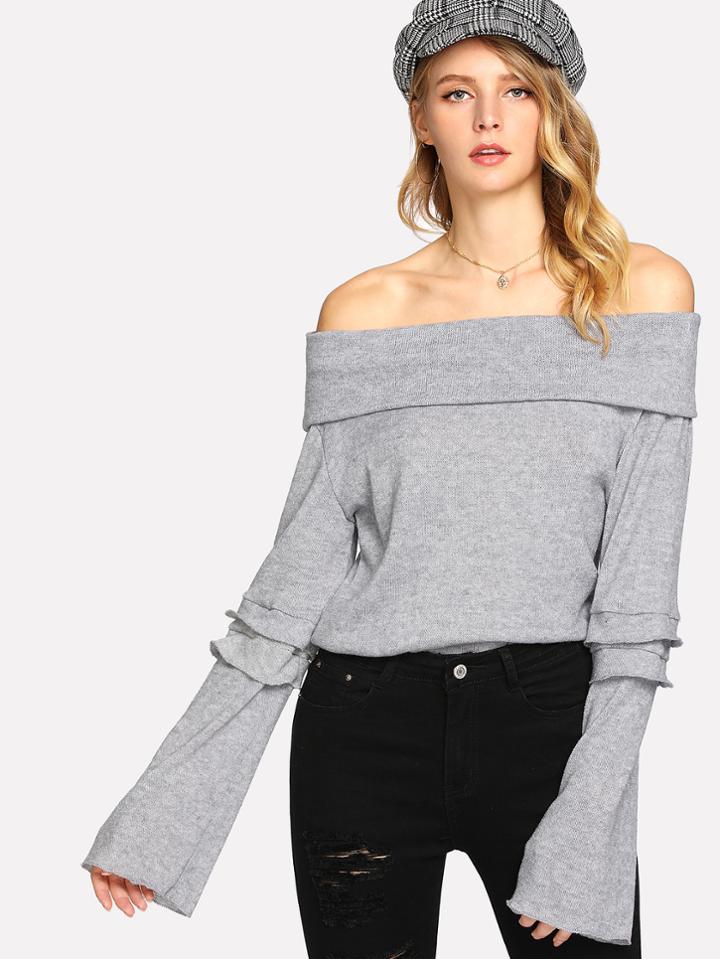 Romwe Fold Over Bardot Ruffle Trim Knit Tee