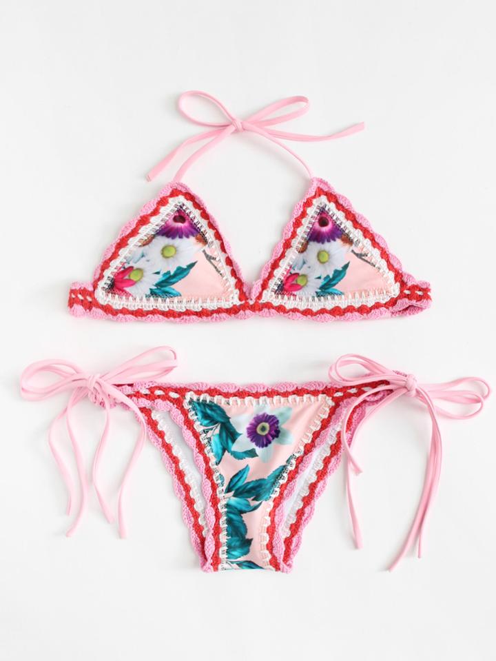 Romwe Flower Print Crochet Trim Bikini Set