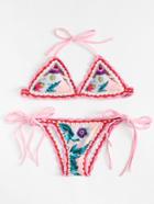 Romwe Flower Print Crochet Trim Bikini Set