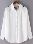 Romwe White Lapel Embroidery Buttons Blouse