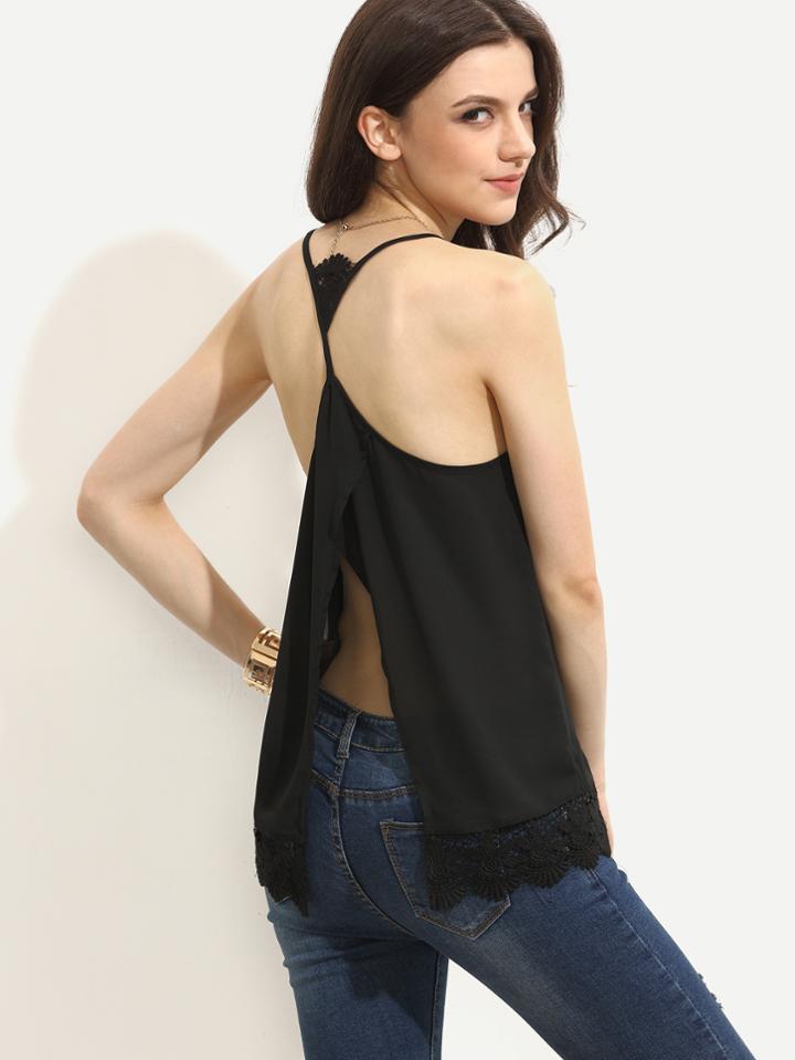 Romwe Black Lace Split Back Cami Top
