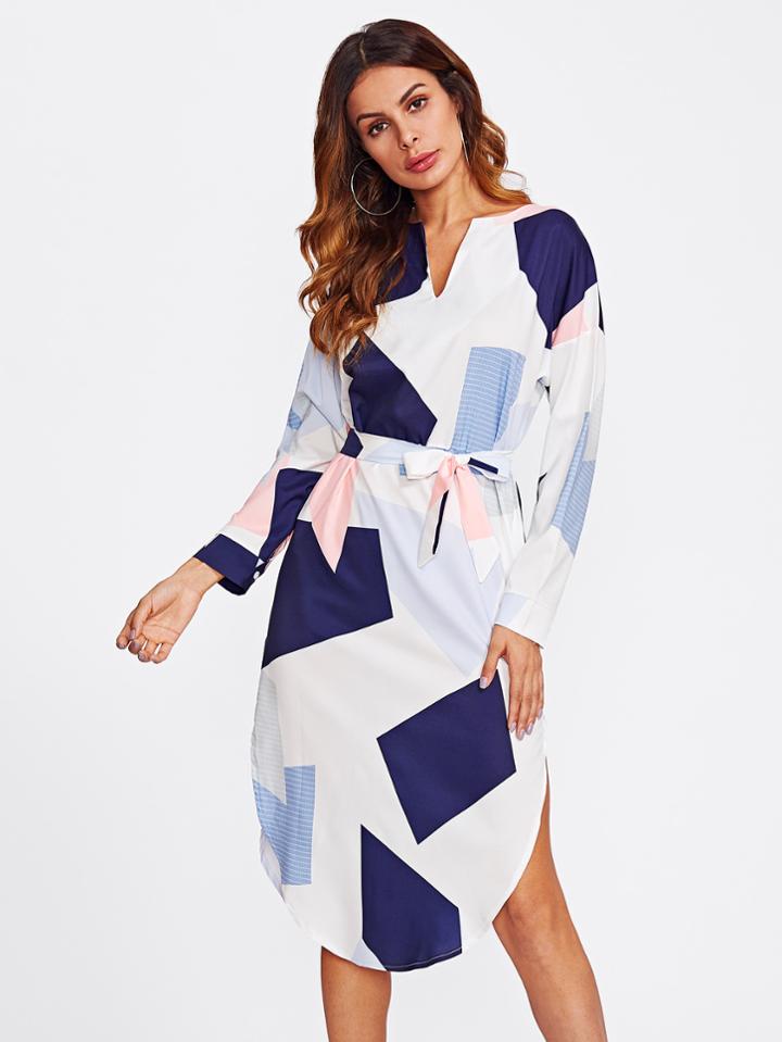Romwe V Cut Dolphin Hem Belted Dress