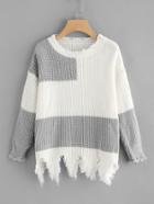 Romwe Color Block Raw Edge Knit Sweater