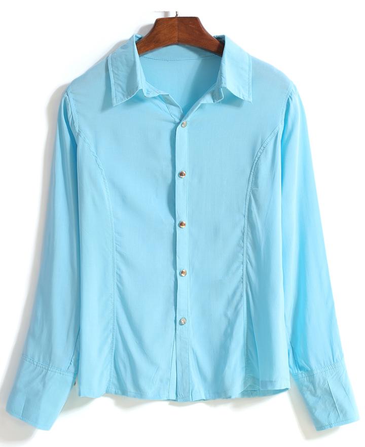 Romwe Lapel Buttons Loose Blue Blouse