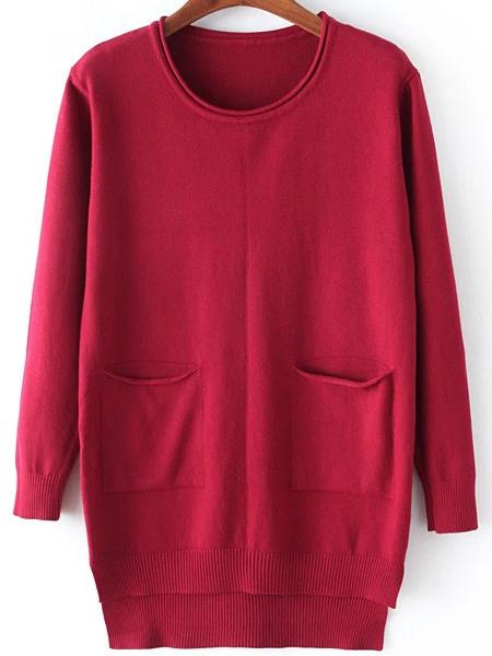 Romwe Dip Hem Split Side Red Jersey Knitwear With Pockets