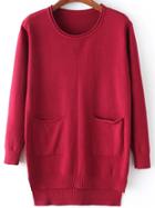 Romwe Dip Hem Split Side Red Jersey Knitwear With Pockets