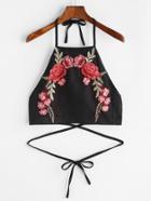 Romwe Black Suede Tie Detail Appliques Crop Halter Top