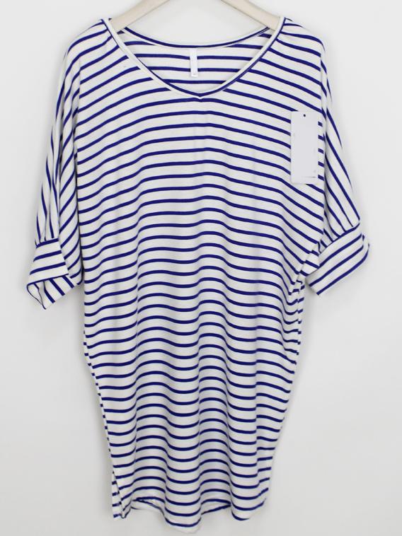 Romwe V Neck Striped Split Shift Blue T-shirt