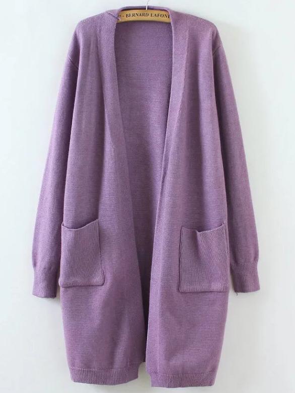 Romwe Purple Ribbed Detail Front Pocket Long Cardigan