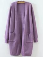 Romwe Purple Ribbed Detail Front Pocket Long Cardigan