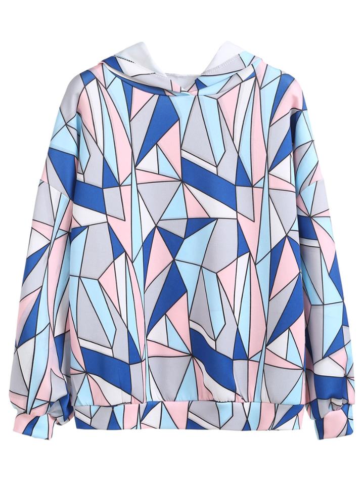 Romwe Geometric Print Dropped Shoulder Seam Hooded Sweatshirt