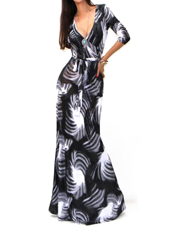 Romwe Deep V Neck Print Maxi Dress