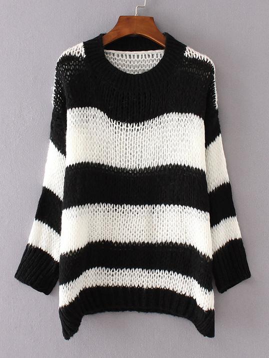 Romwe Black Contrast Wide Striped Drop Shoulder Sweater