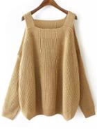 Romwe Khaki Off The Shoulder Knit Loose Sweater