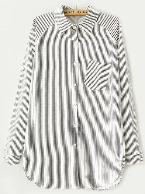 Romwe Vertical Striped Pocket Black Blouse