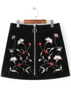 Romwe Black Embroidery Front Zipper A Line Skirt