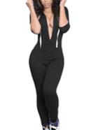 Romwe Black Hooded Deep V Neck Jumpsuit With Drawstring