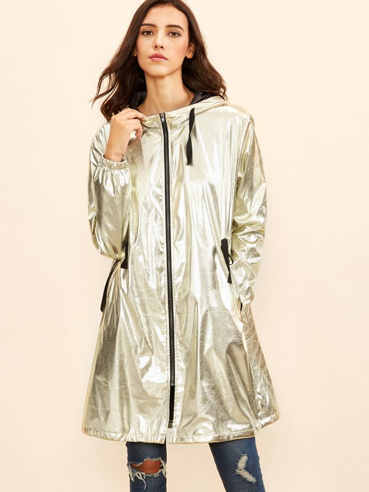 Romwe Gold Metallic Zipper Drawstring Hoodie Coat