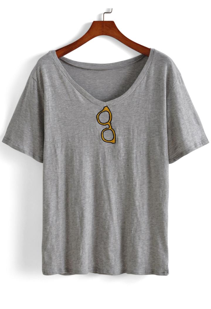 Romwe V Neck Glasses Embroidered Grey T-shirt