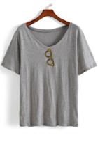 Romwe V Neck Glasses Embroidered Grey T-shirt