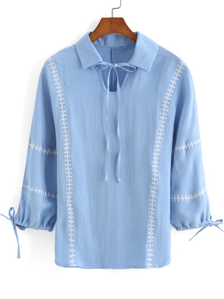 Romwe Lapel Embroidered Lace Up Blue Top