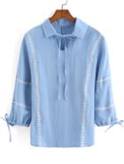 Romwe Lapel Embroidered Lace Up Blue Top