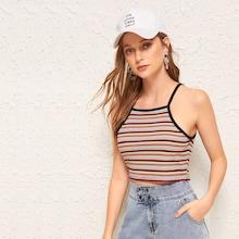 Romwe Contrast Binding Colorful Striped Cami Top