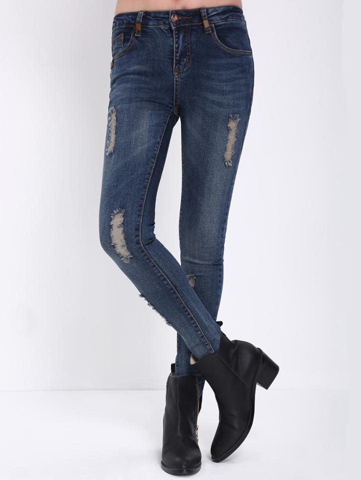 Romwe Ripped Fringe Denim Blue Pant