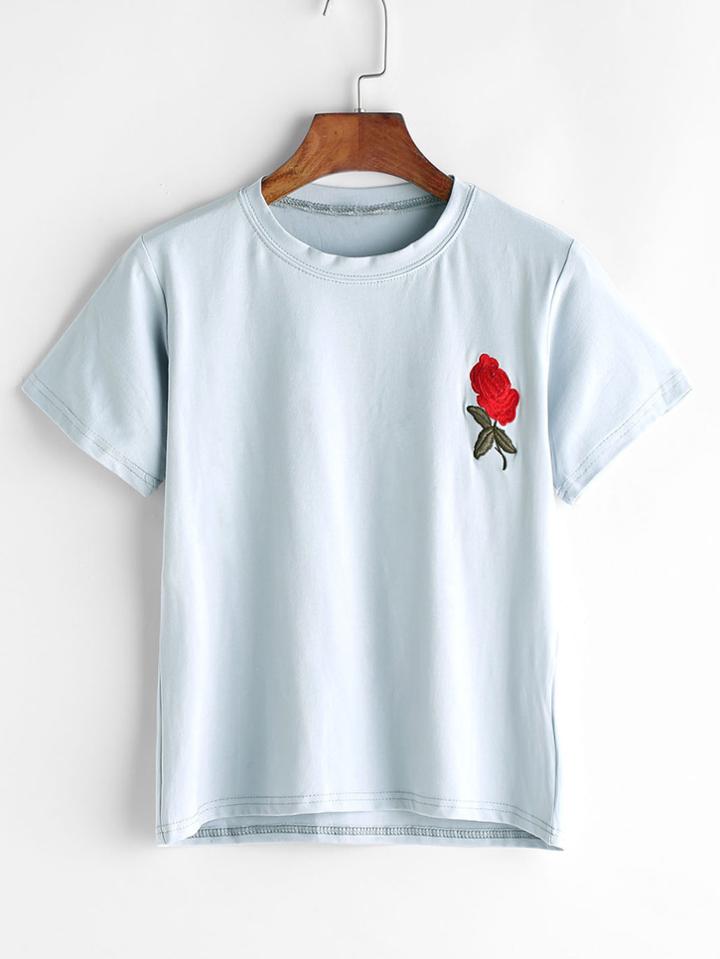 Romwe Rose Embroidered T-shirt