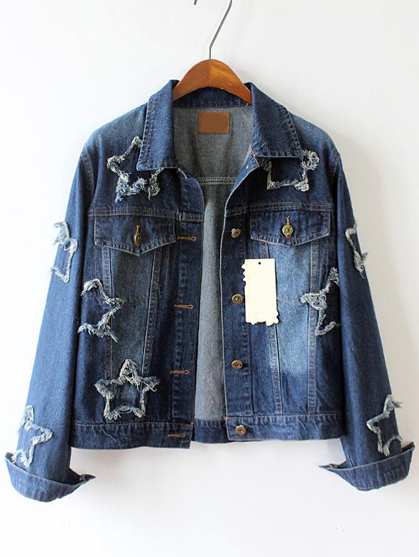Romwe Lapel Stars Frayed Denim Coat