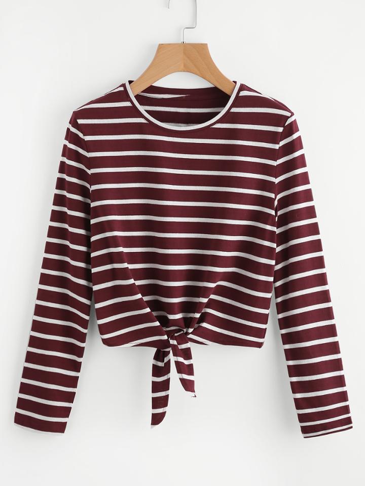 Romwe Tie Front Striped Tee
