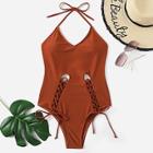 Romwe Lace-up Open Back Halter One Piece Swimsuit