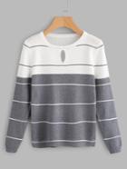 Romwe Color Block Striped Keyhole Front Knit Sweater