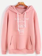 Romwe Pink Printed Drawstring Hooded Sweatshirt With Pocket