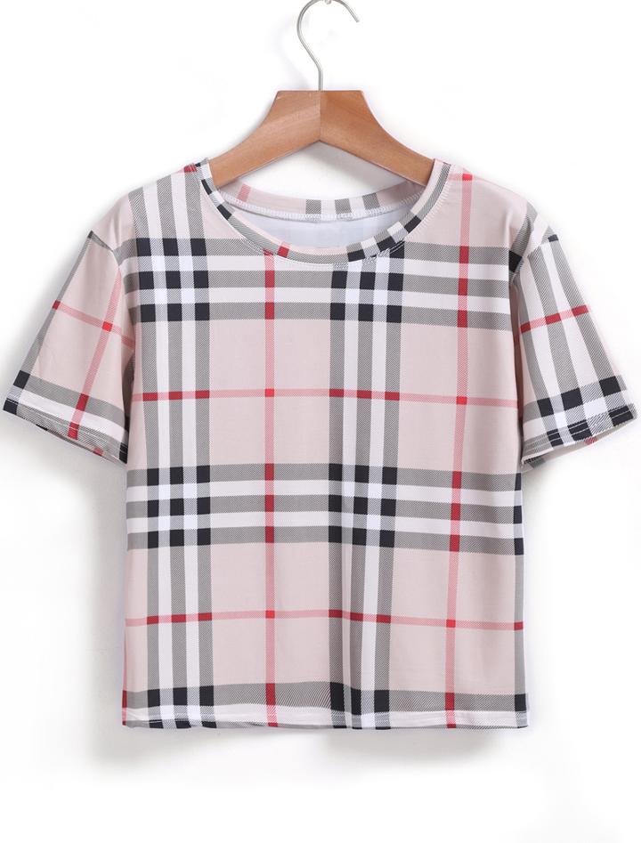 Romwe Round Neck Plaid Crop T-shirt