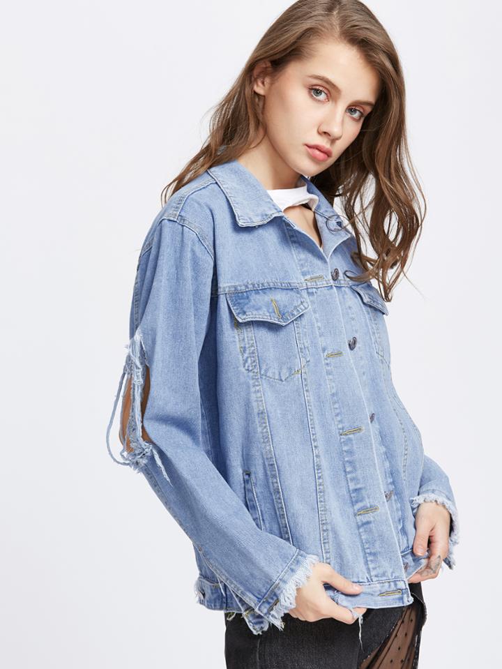 Romwe Blue Ripped Raw Cuffs Denim Jacket
