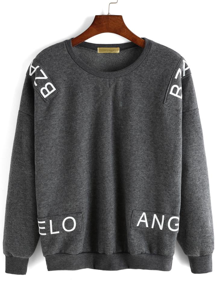 Romwe Round Neck Letter Patch Grey Sweatshirt