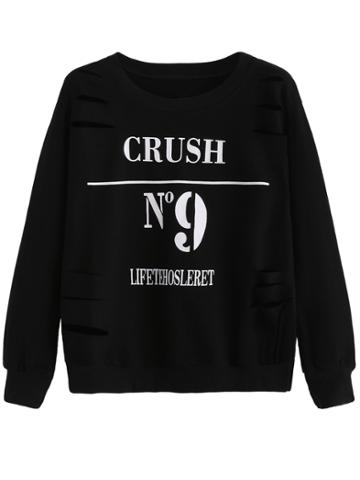 Romwe Black Numbers Print Distressed Sweatshirt