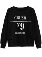 Romwe Black Numbers Print Distressed Sweatshirt