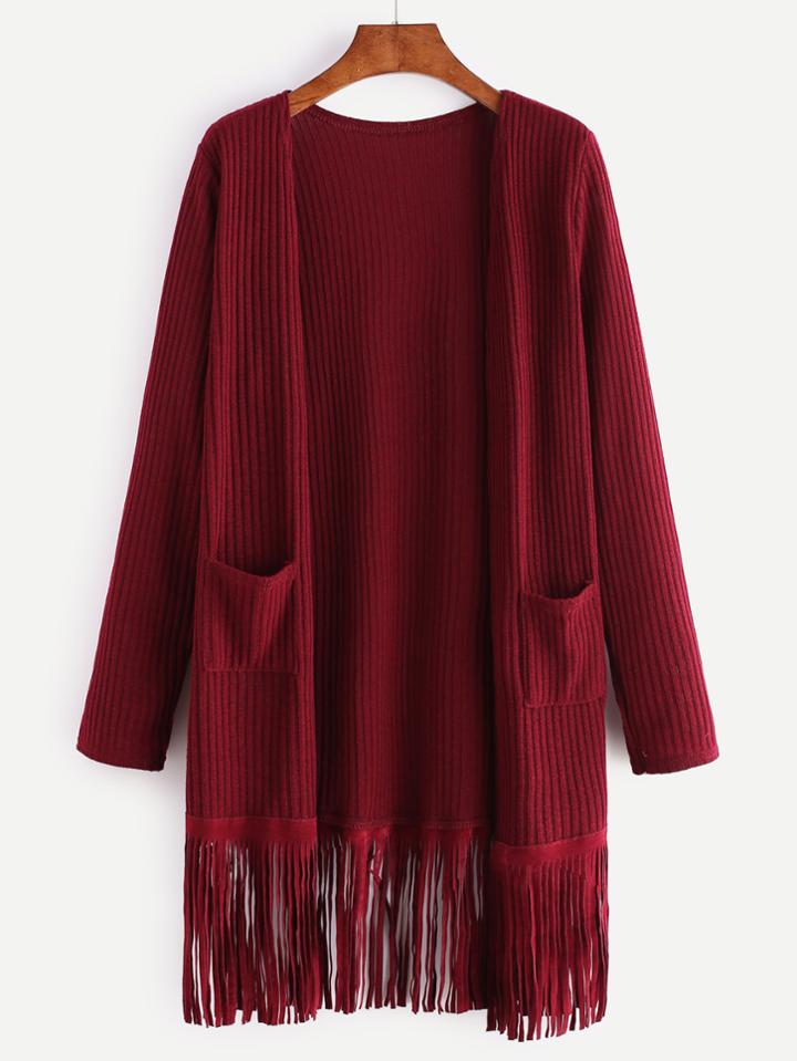 Romwe Burgundy Fringe Hem Ribbed Knit Cardigan